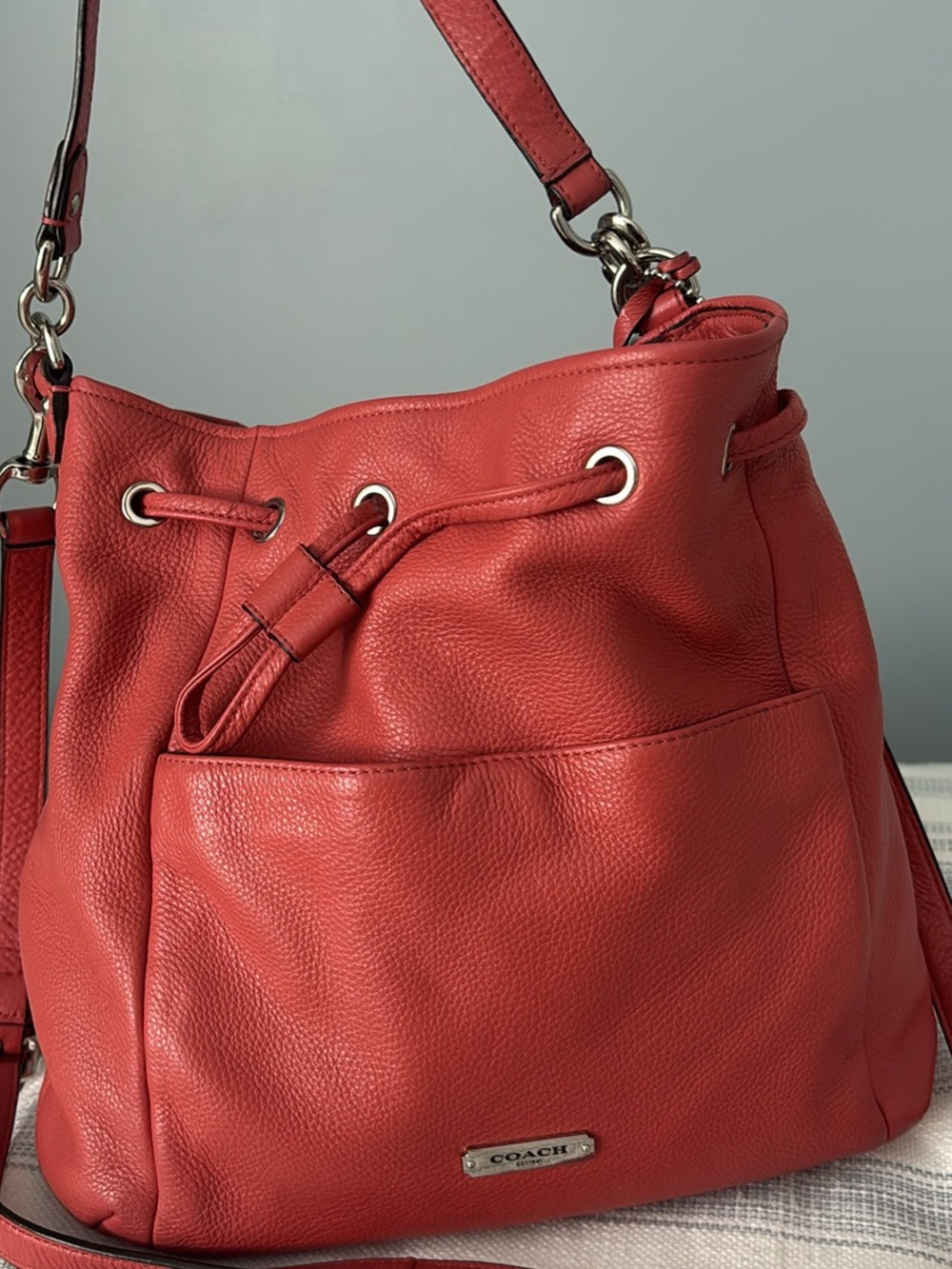 Coach Red Pebbled Leather Drawstring Shoulder Bag - Picture 2 of 8